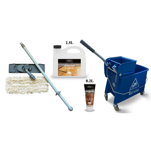 Kit Saving: DC015, Premium care, Clean naturally oiled or UV-oiled floors inc Woca natural versions of Soap & Maintenance Gel plus a Breakframe Flat Mop & Bucket and wringer   (DC)